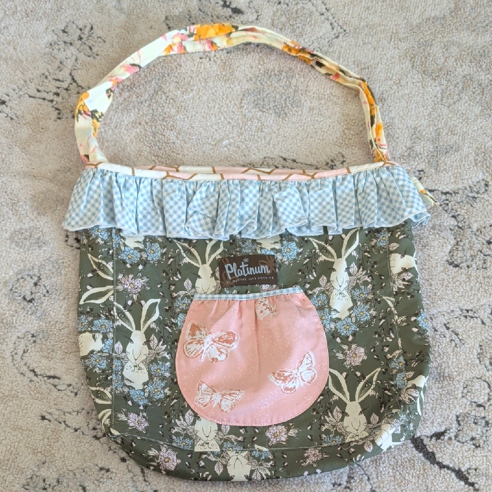 Matilda Jane Platinum Green Floral Bunny Joey Tote Bag with Pink Pocket